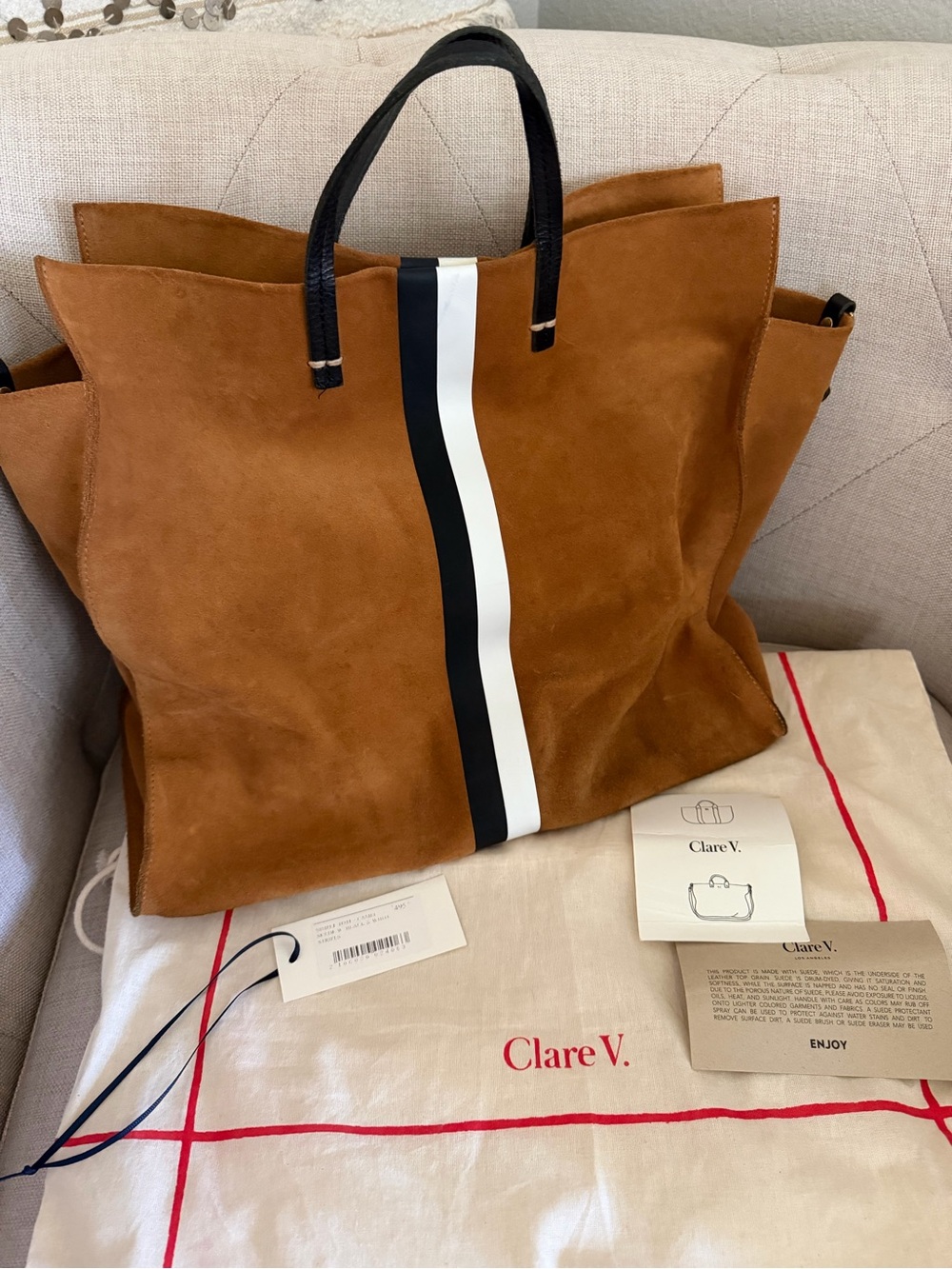 Clare V Suede Simple Tote in Brown with Black & White Stripe